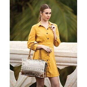 🆕 hobo aztec ivory leather top handle upcycled cowhide canvas crossbody NWT